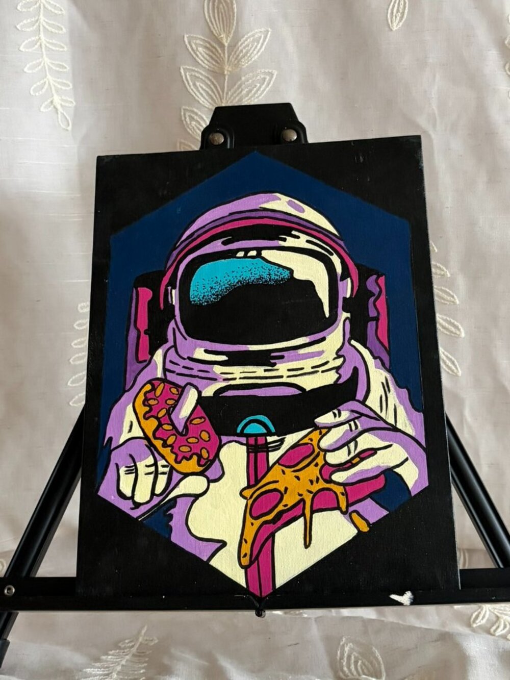 Hand Painted Colorful Astronaut Pizza Canvas 9x12